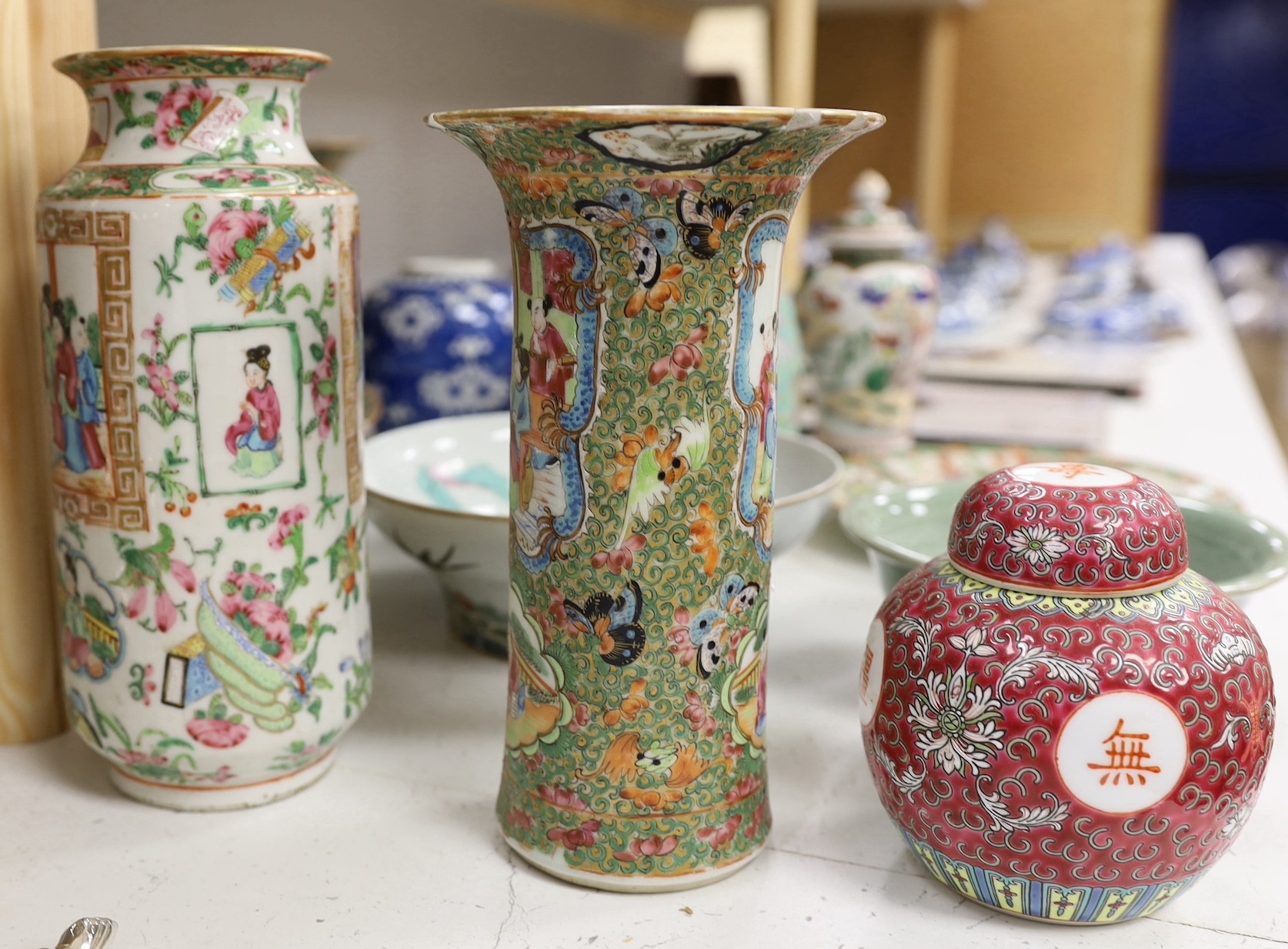 A Chinese famille charger, three vases and a plate, together with other Chinese and Japanese ceramics (13 items), Charger 48 cms diameter